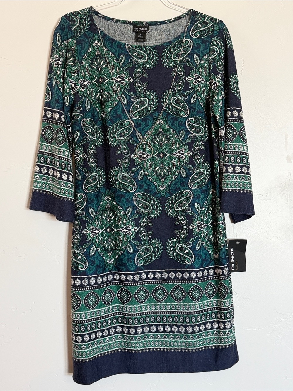 Enfocus Studio Navy & Teal Paisley-Print Long Sleeve Dress
